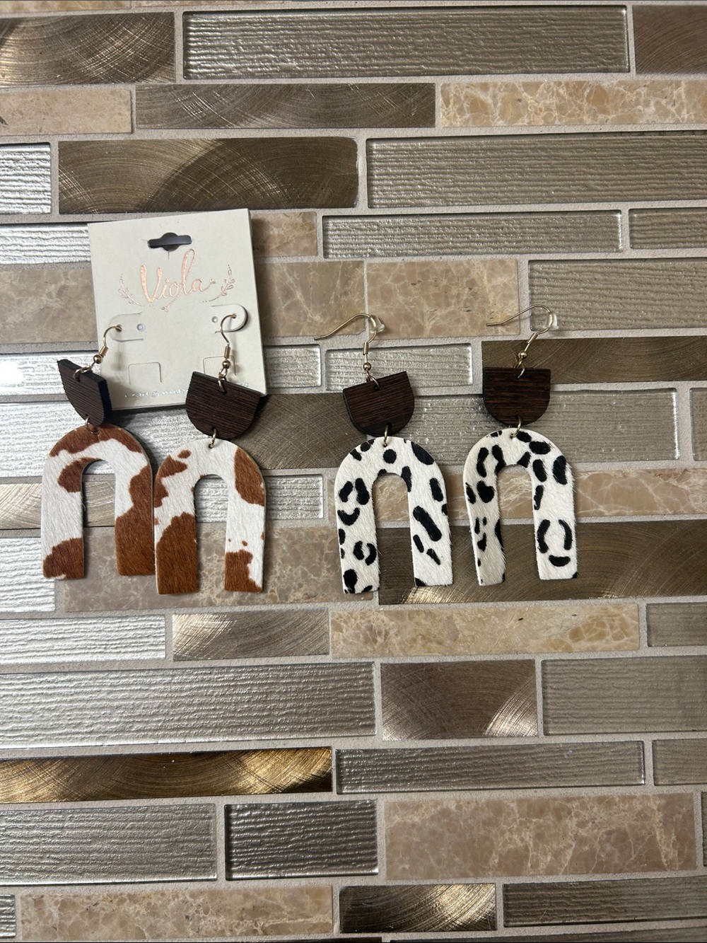 Brown Cowhide & Wood Arch Earrings - Animal Print
